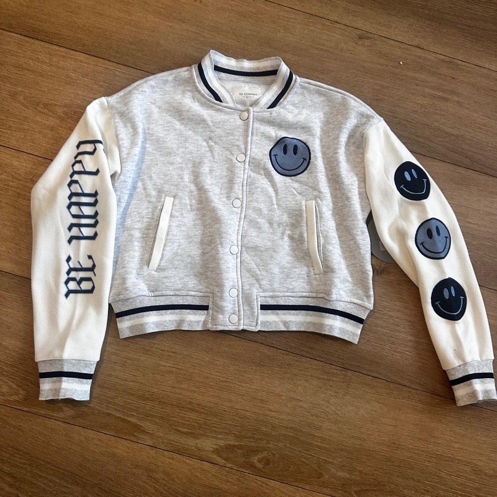 No Comment Girls Gray Smiley Face Be Happy Varsity Bomber Jacket Size L 14